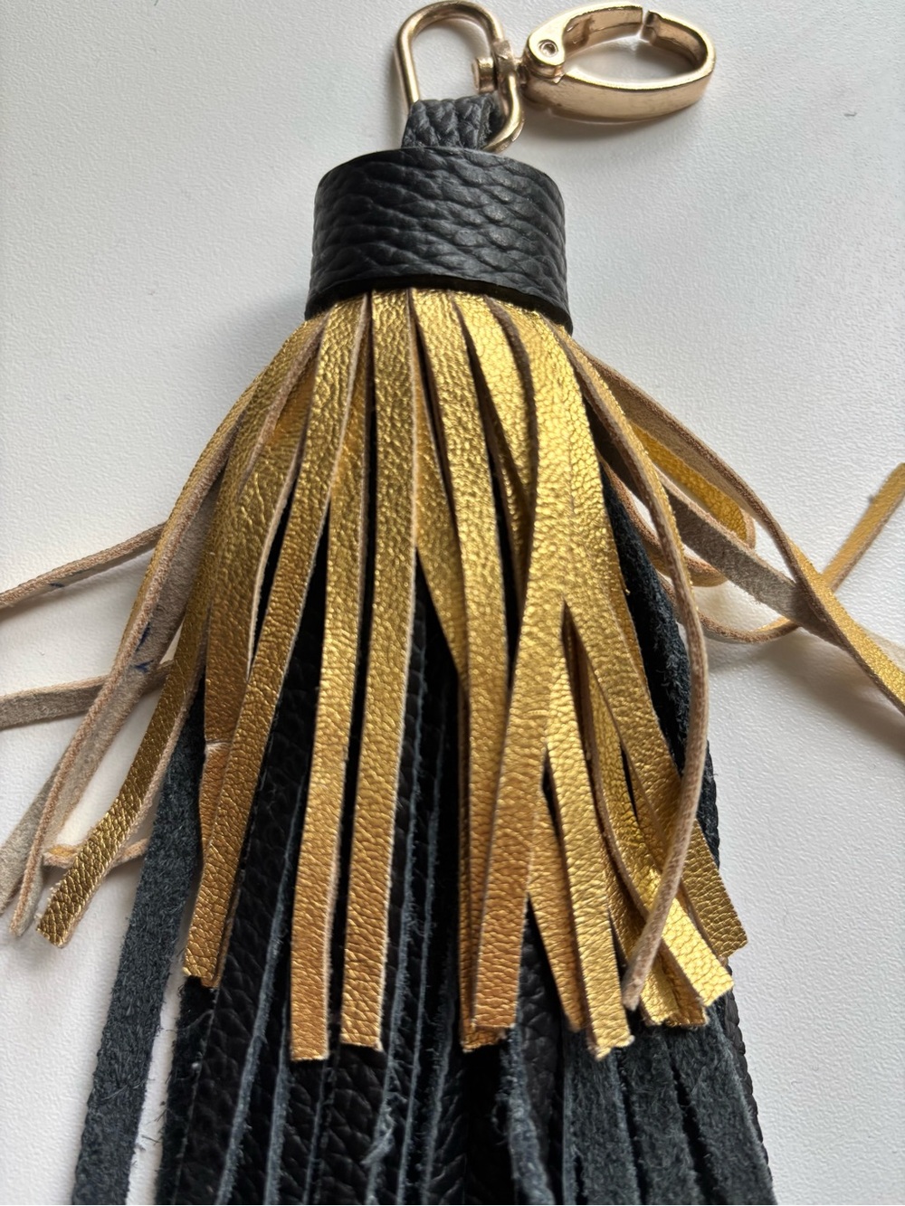 Black & Gold Leather Tassel Keyring with Gold Hardware - Picture 5 of 9